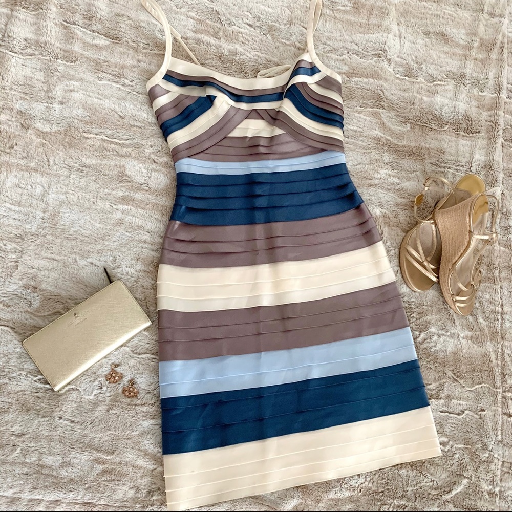 BCBG bandage cocktail dress, neutral/navy/blue